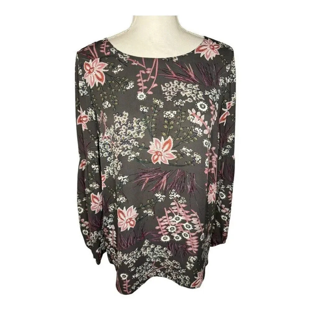 LOFT Women’s Small Gray Floral‎ Lightweight Flowy Bell Sleeve Top